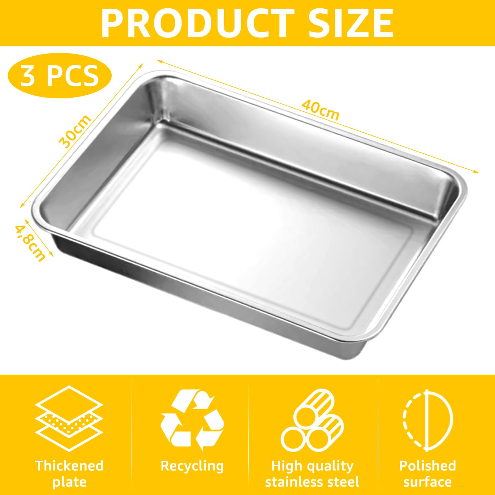 3 teglie da forno in acciaio inox, 40 x 30 x 4,8 cm, ciotola per barbecue, teglia da forno in acciaio inox, per cottura e servizi, lavabile in lavastoviglie