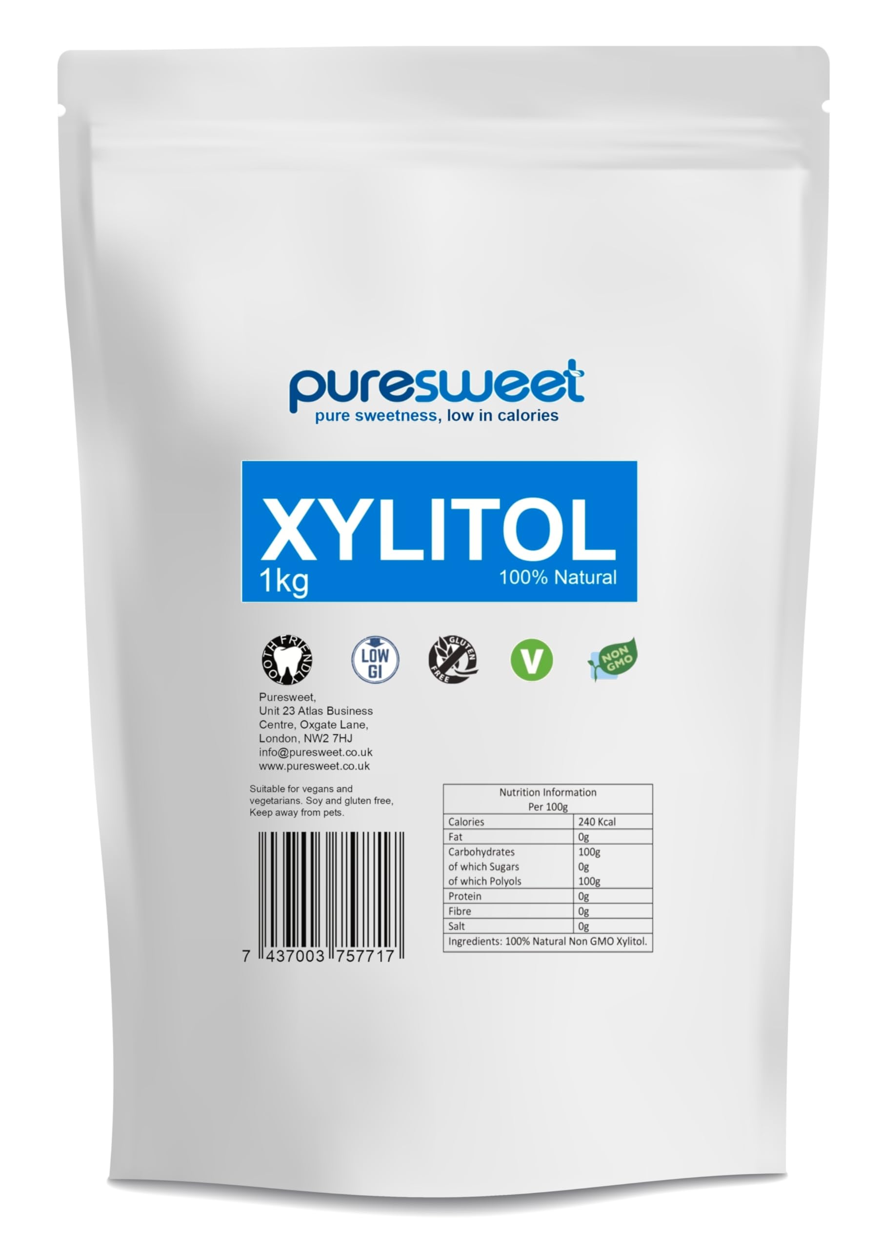 Xylitol 1kg, Sugar Alternative, Non GMO, Diabetic and Keto Friendly, Tooth Kind, Vegan, Fine Granules, (Recyclable Pouch).