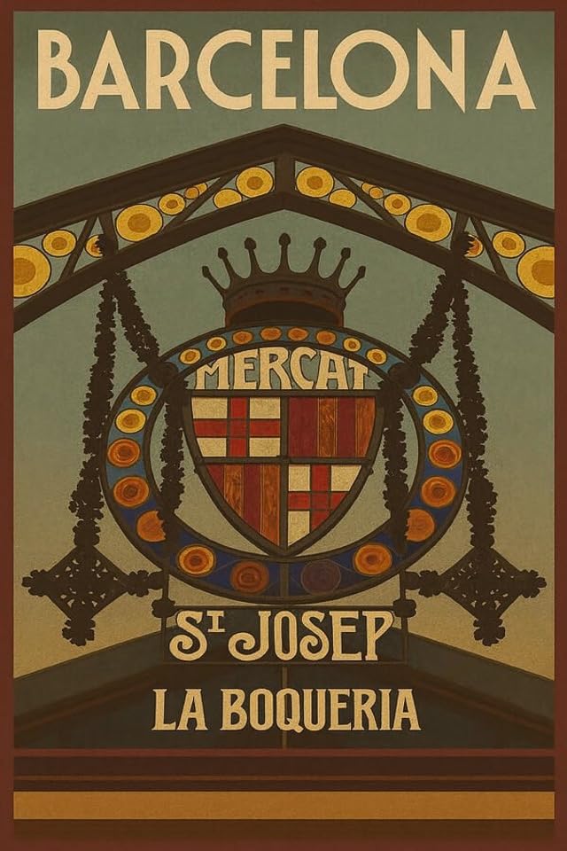 Póster de Barcelona vintage de la entrada del Mercado de la Boquería impreso en papel de calidad