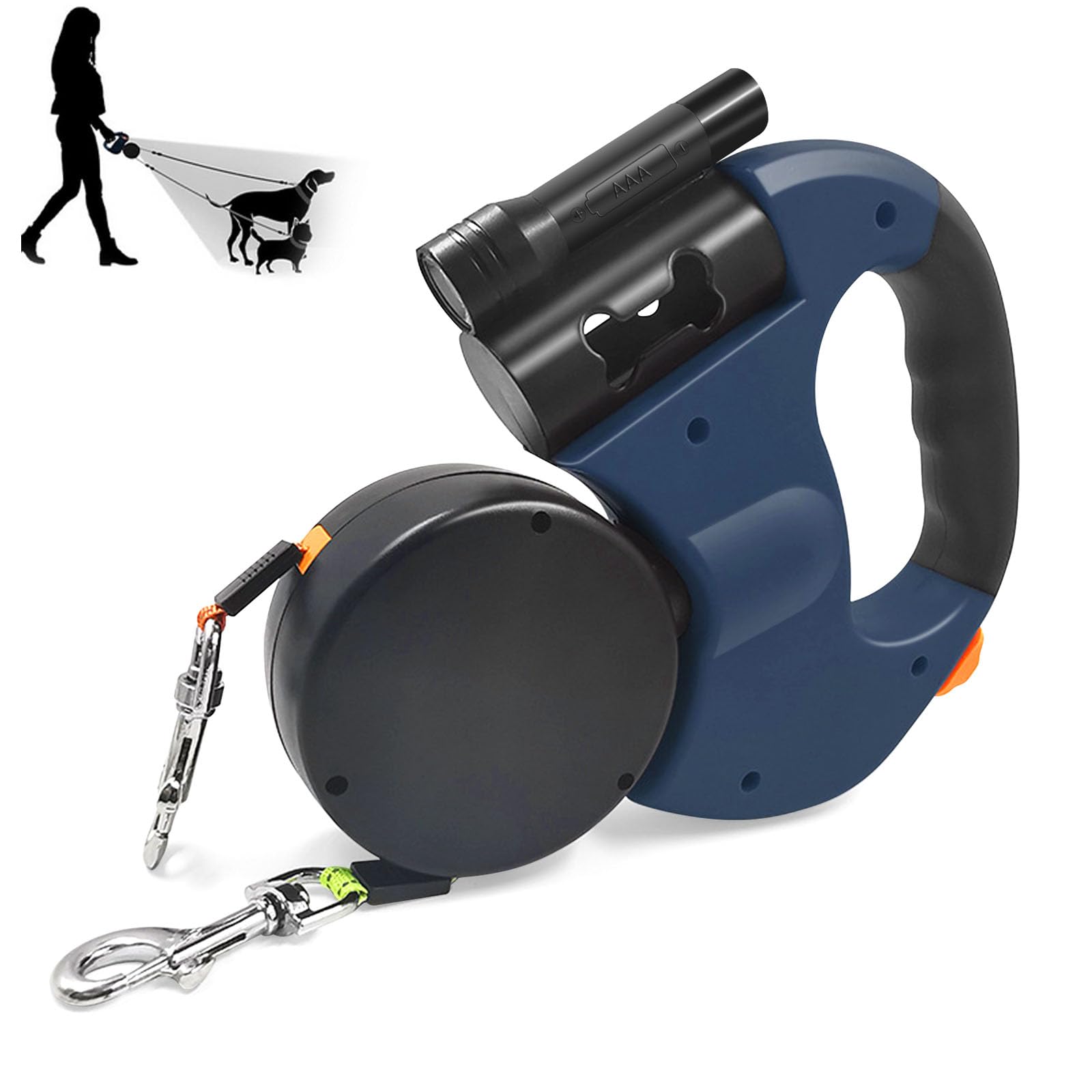 Correa Perro Extensible, Correas Flexi 3M Correa Doble Retráctil para Perro, Correa Extensible Perro Pequeño, con Linterna LED, Asa Ergonómica de Goma, para Perro Grande Mediano y Pequeño, hasta 30KG
