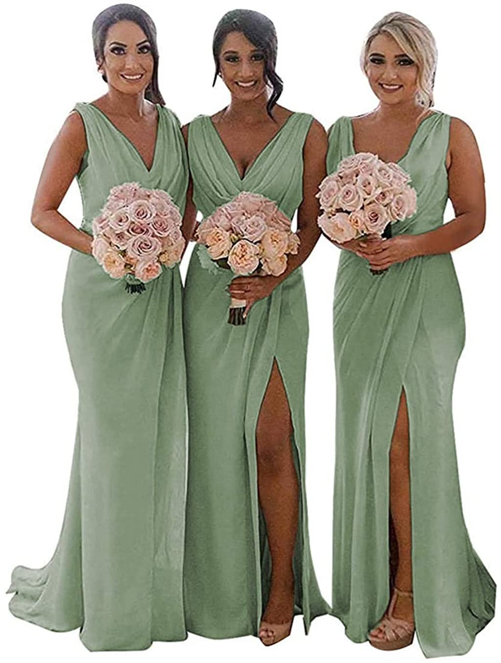 Yiann Women's Sage Green Chiffon Bridesmaid Dresses Long For Ruched V Neck Wedding Guest Dress Formal Evening Gown Uk28