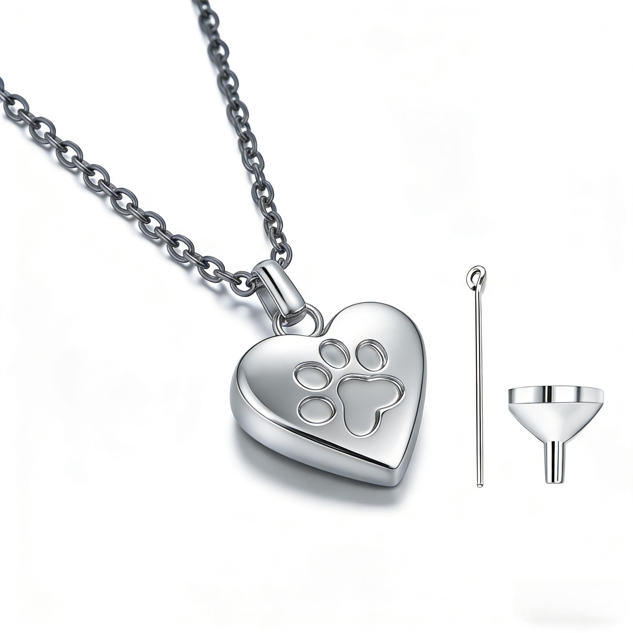 LSTCPGLAI Ashes Necklace for Dog & Cat, Memorial Ashes Keepsake Pendant, Small Paw Print Urn Locket with Keyring, Stainless Steel Pet Cremation Jewelry (Silvery)