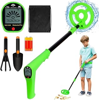AXFEE Detector de Metales Niños, Detectores de Metale Plegable IP66 con Pantalla LCD e Indicación de Sonido,Detector de Metales de Alta Precisión con Pala, Rastrillo y Mochila,para Niños（Verde）