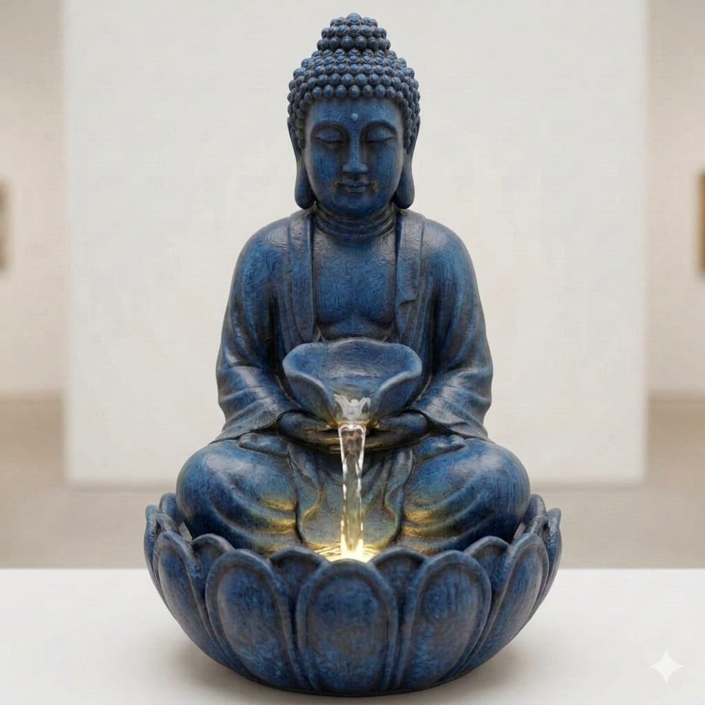 Sitting Buddha Statue Water Fountain, Stone Finish, Lotus Base, Garden Decor-image-30