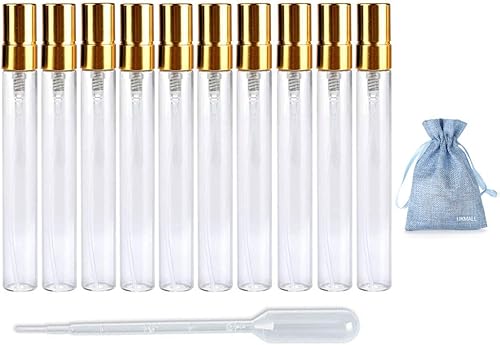 10pcs Slim Fine Mist 0.3 fl oz 13oz Gold Atomizer Botella de vidrio transparente Frasco Spray Fragancia líquida recargable Perfume Botella de aroma disponible en Yaxa Mexico
