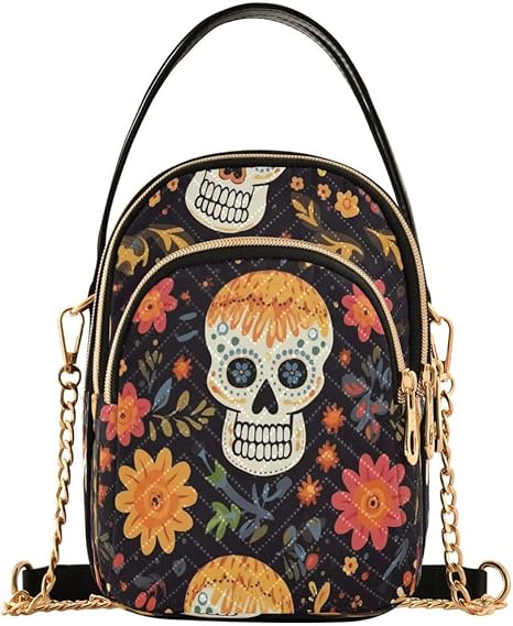 Blossom Sugar Skull Dia De Los Muertos Crossbody Bag Small Shoulder Handbags Leather Purse for Women