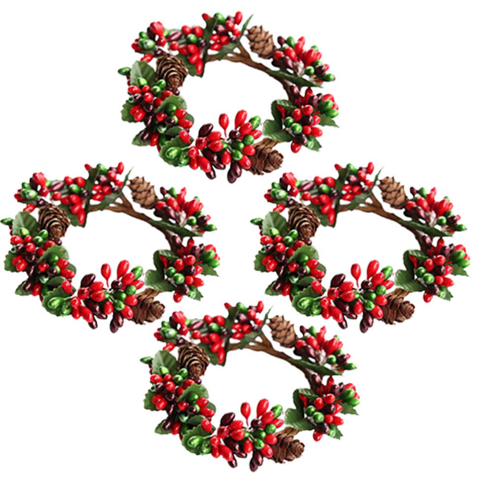 PRETYZOOM 4Pcs Christmas Candle Rings Artificial Berry Candle Rings Mini Christmas Wreath for Pillar Candle Christmas Holiday Table Decorations Rustic Wedding Home Table Centerpiece