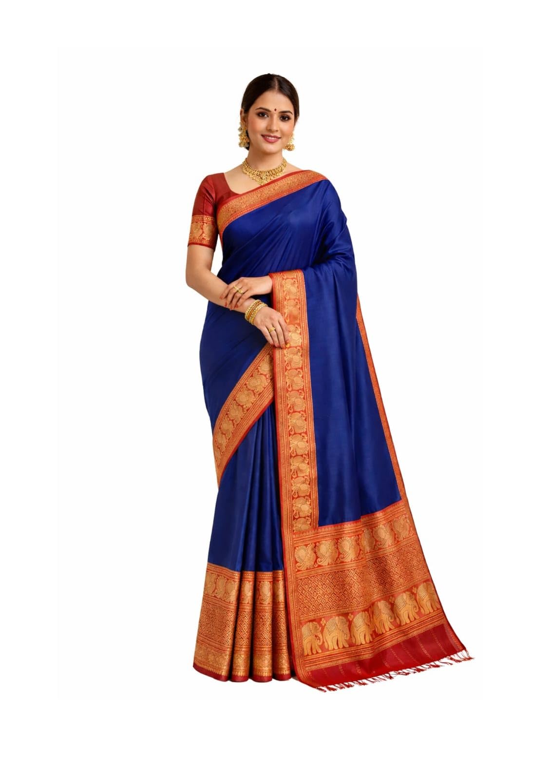 Cotton Silk Saree with Zari Border, Royal Blue and Orange, Traditional Elephant Motif-image-28