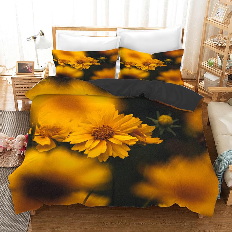 Housse de couette 140x200 fleurs jaunes en microfibre avec 2 taies d'oreiller pour lit 1 place