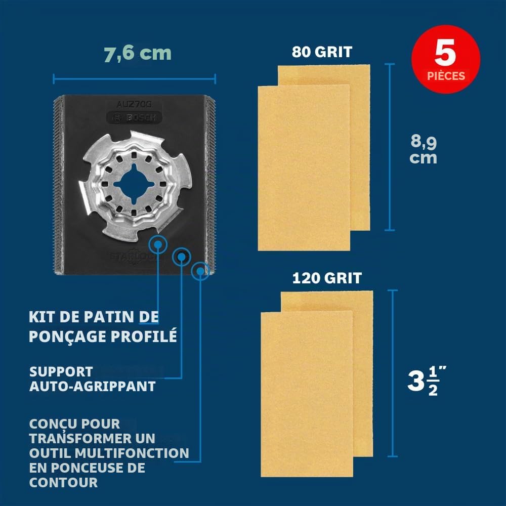 BOSCH Starlock OSL234SPCK Lot de 5 patins de ponçage profilés auto-agrippants pour bois oscillant grain 80 et 120 pour applications de ponçage polyvalentes dans le contreplaqué, les bois durs 7,5 cm