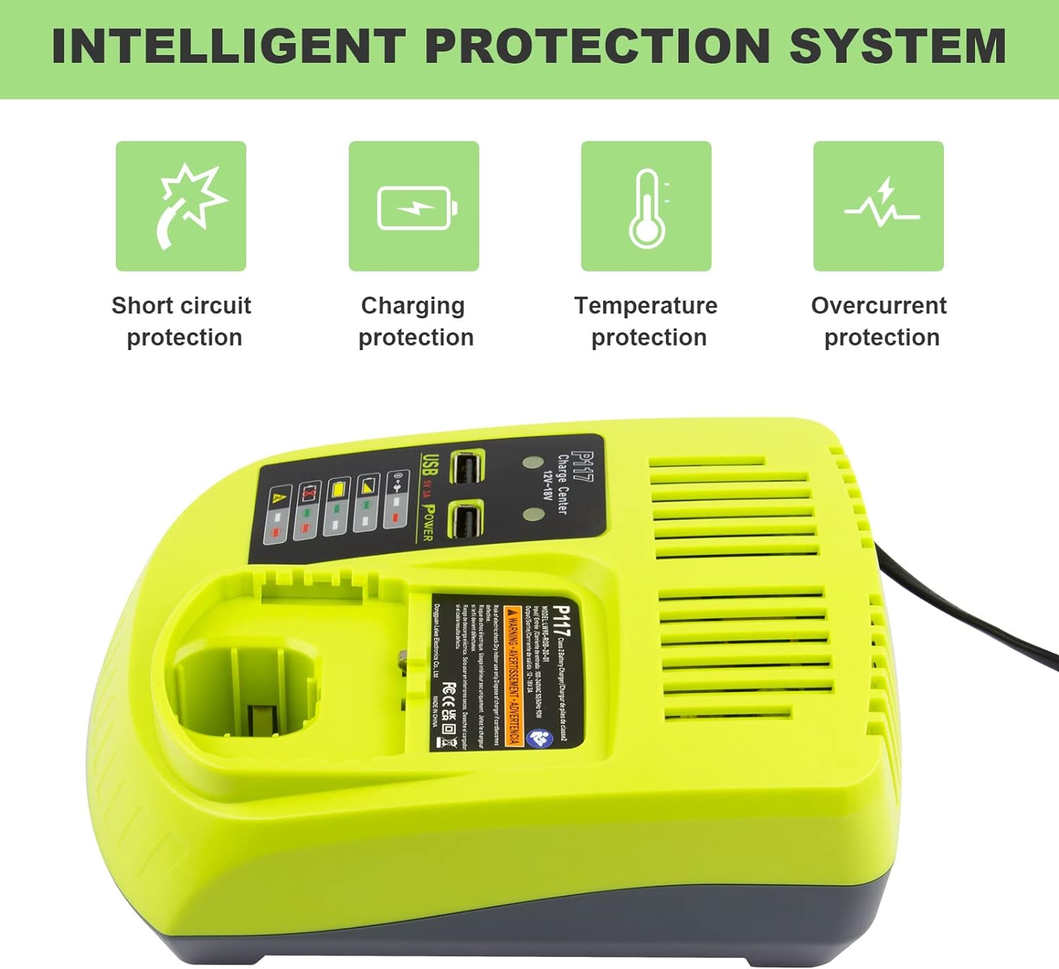 12V-18V USB Fast Charger 90W for Ryobi P117 Lithium-Ion/NiCad/NiMh Batteries, Dual Chemistry, Compatible with Ryobi 18V P102 P103 P105 P107 P108 P189 P197 P190 P191 PBP002