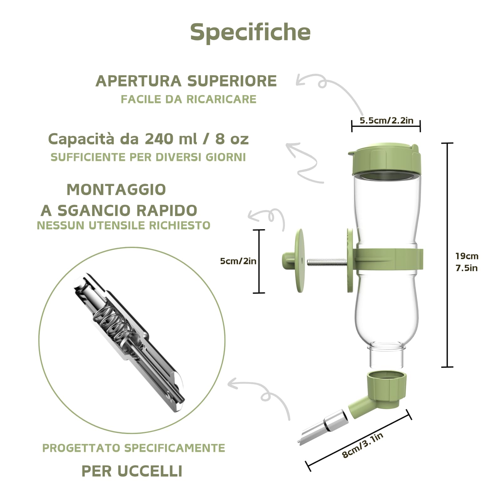 Mangiatoia e Distributore d'Acqua per Uccelli, Mangiatoia Automatica con Posatoio per Gabbia per Pappagallini, Canarini, Cockatiel, Fringuelli, Budgerigar (Verde)