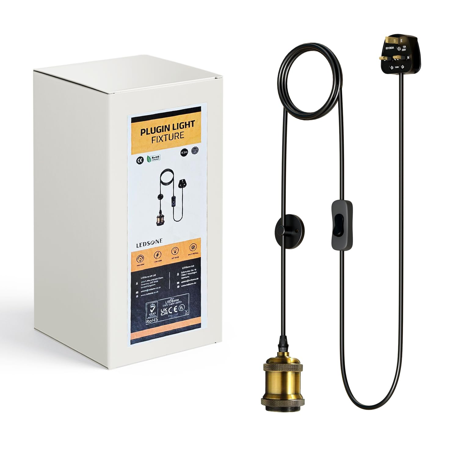 LEDSone Plug-in Pendant Light Vintage Metal Pendant Light on/Off Switch 4.5m Cable with Hook Ceiling Mounted Light for Living Room (4.5m Black with Hook, with Holder)