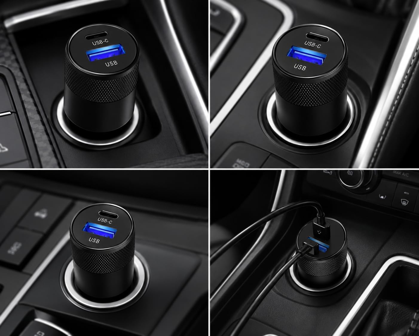 Dual-Port USB Fast Car Charger, USB-C PD and 3.1A USB-A, 15W Total Output, Metal Knurled Grip, Universal 12-24V, Model CC-PD1 (Black) image 5