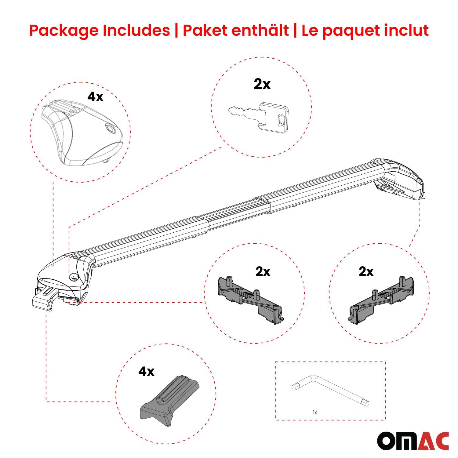 OMAC Barres de Toit transversales certifiées TÜV pour Ford Kuga III 2019-2026 – Verrouillables (4 antivols) – Charge Max 100 kg – Fixation Durable Argent