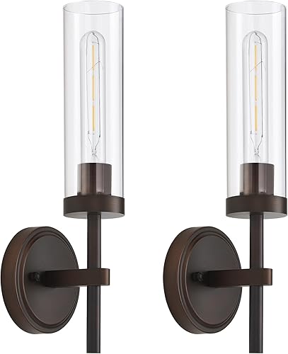 Miniatura 14 de Juego de 2 apliques de pared cableados negros y dorados, modernos apliques de tocador de baño con pantalla de vidrio transparente, luces de montaje