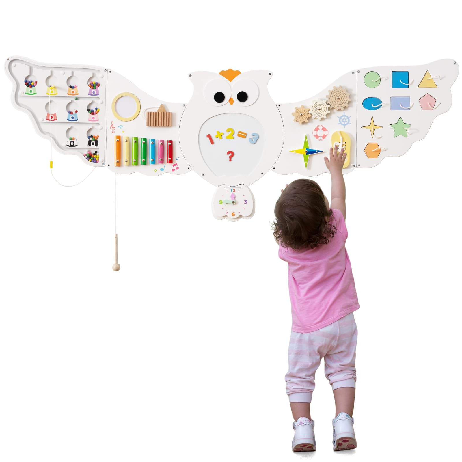 COSTWAY Tableros de Actividades de Pared para Niños de Búho, 11 en 1 Paneles de Actividades para Niños, Juguete Educativo Sensorial Montessori de Madera para Niños de 3+ Años, Sala de Juegos Guardería