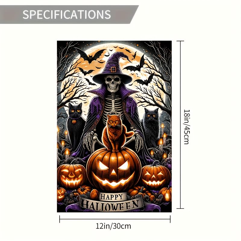 Image of Blissyard Halloween Garden Flag - Double Sided 12x18 with Ghost, Skull, Wizard, Skeleton Cats, Pumpkins, Bats - Spooky Outdoor Scary Yard Decor
