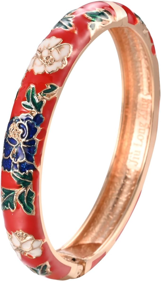 UJOY Enamel Bracelets Pack of 5 Colorful Cloisonne Rose Gold Flower Engraved Bangles for Women Jewelry Gift Pack in a Box 5PCS