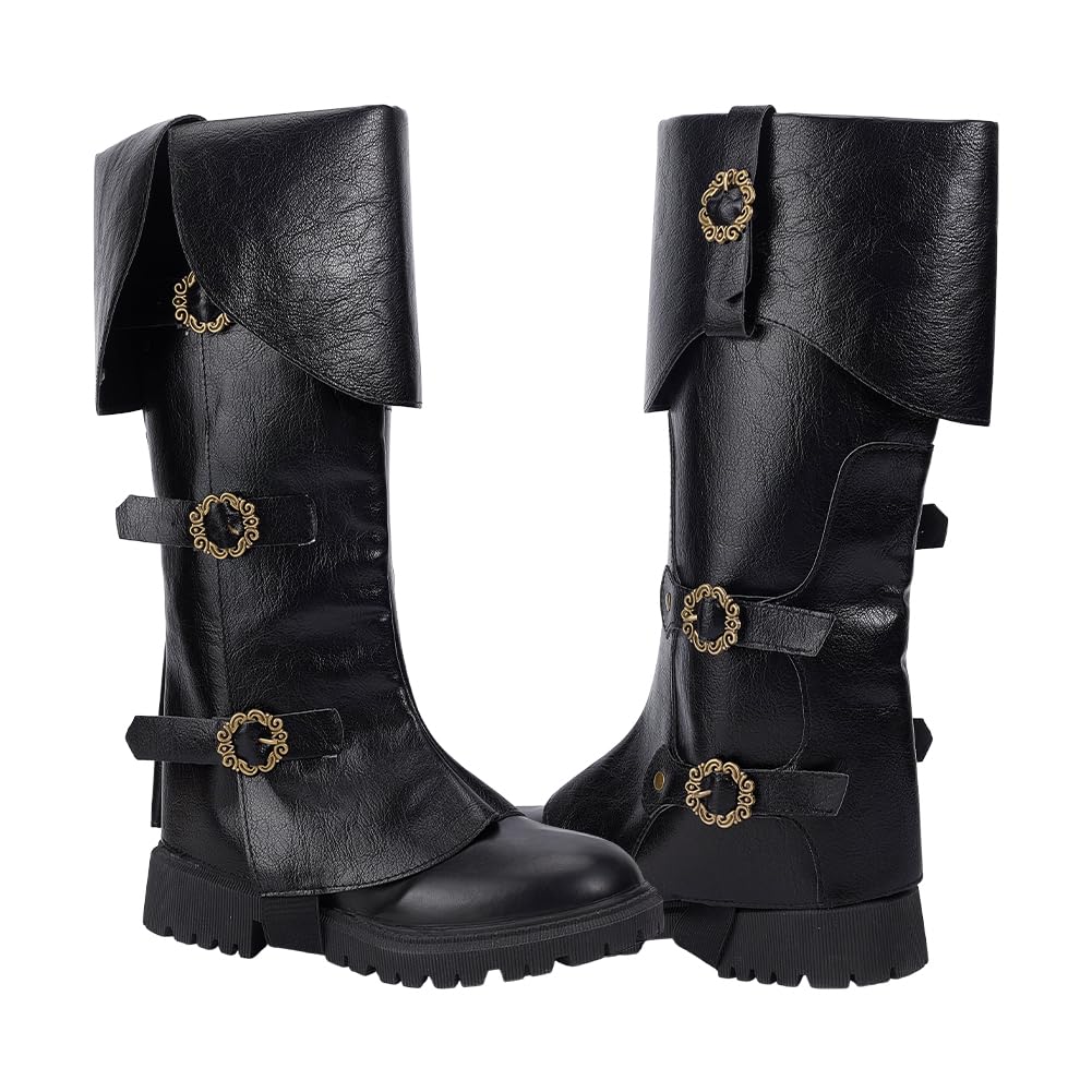 NBEADS 1 Pair Medieval Pirate Boot Covers, PU Leather Renaissance Boot Tops Adjustable Buckle Steampunk Leg Gaiters for Viking Cosplay Halloween Costume, Black