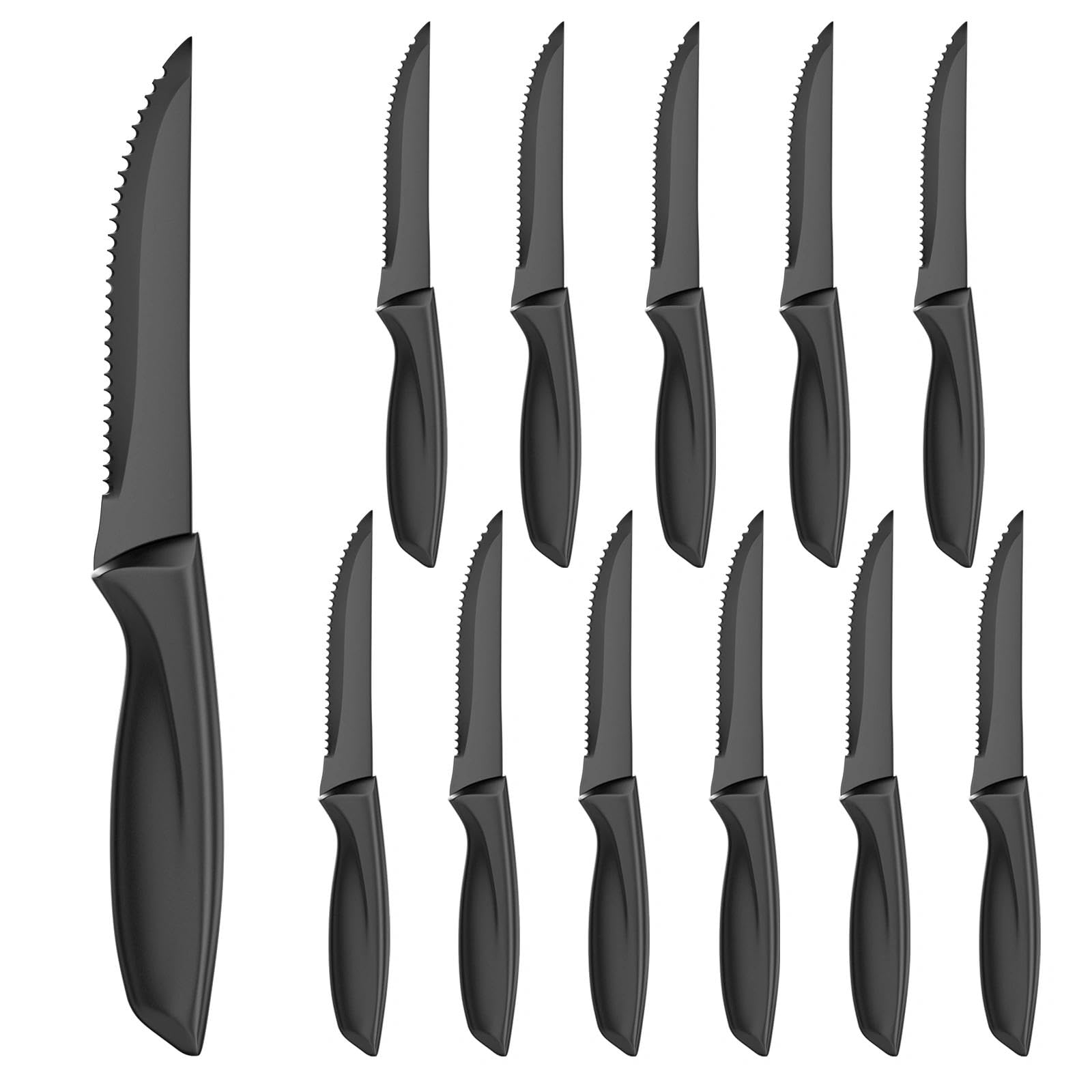 Chiluxendo 12 Piezas Cuchillos Carne, Cuchillos de Mesa Acero Inoxidable, Cuchillo Sierra con Mango de Polipropileno, Cuchillos Chuleteros Afilada, Cuchillo Chuletero, Apto para Lavavajillas(Negro)
