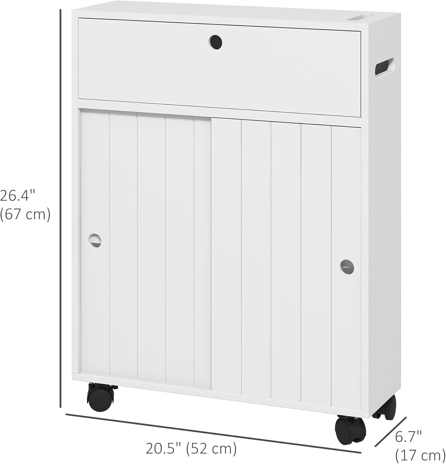 kleankin Toilet Paper Cabinet, Slim Bathroom Cabinet with 4 Rolling Wheels, Small Bathroom Storage Cabinet with Paper Holes, Sliding Doors and Adjustable Shelf for Small Space, White