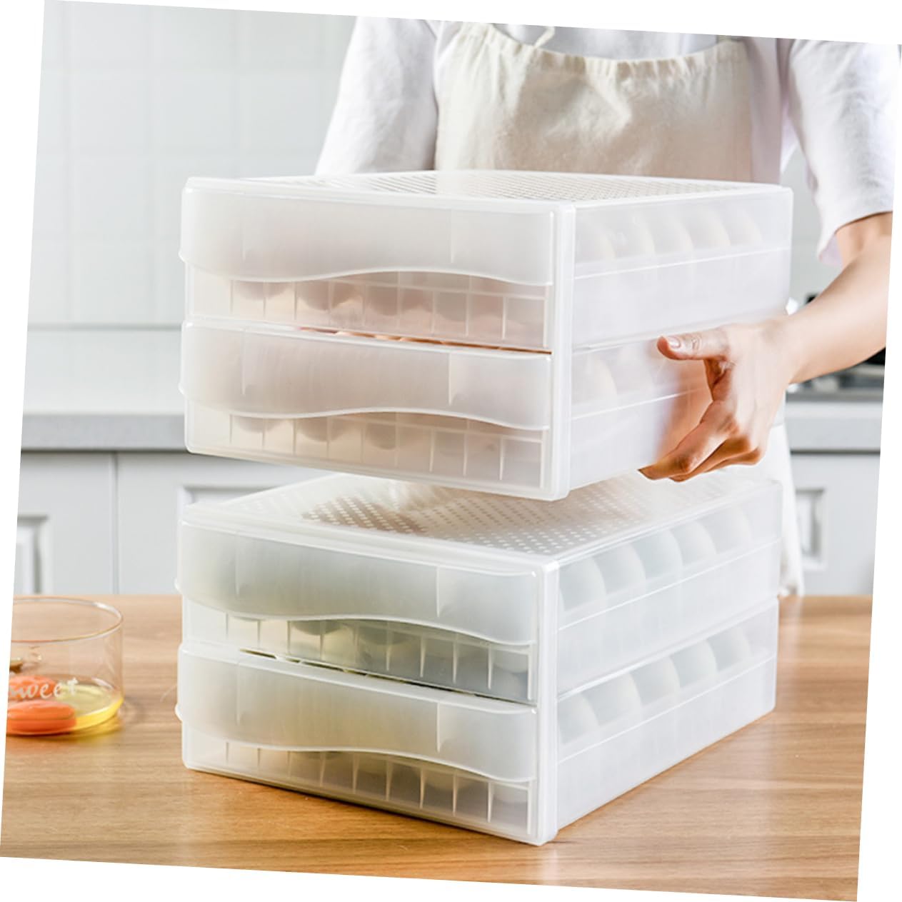 Gadpiparty Double-Deck Plastic Egg Holder Lid Stackable Refrigerator Organizer Container for Eggs and Dumplings Storage Tray for Home Use