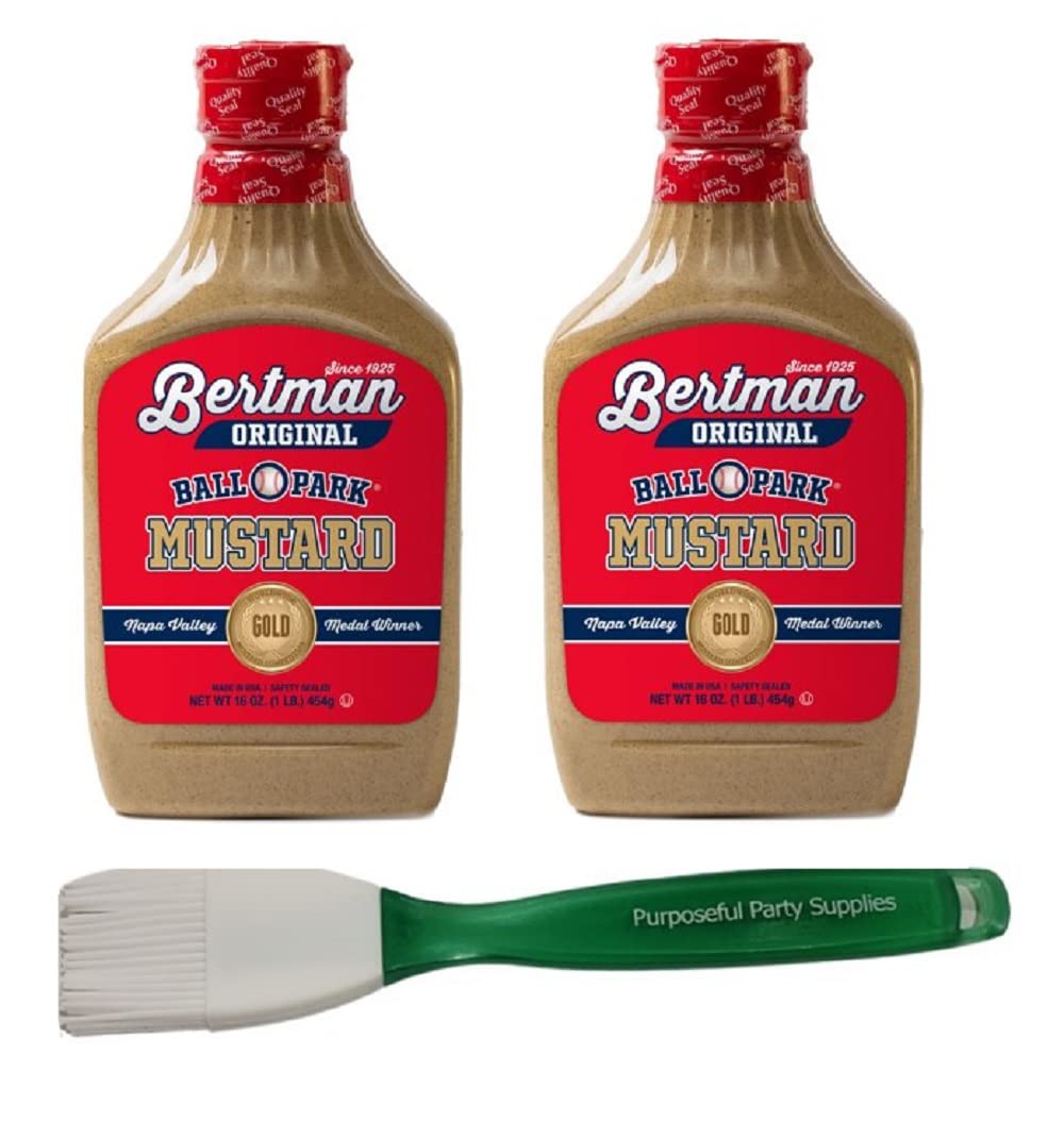 Bertman Ball Park Mustard – 2 16 oz Bottles of Original Bertmans Mustard With Basting Brush - Famous Spicy Brown Mustard