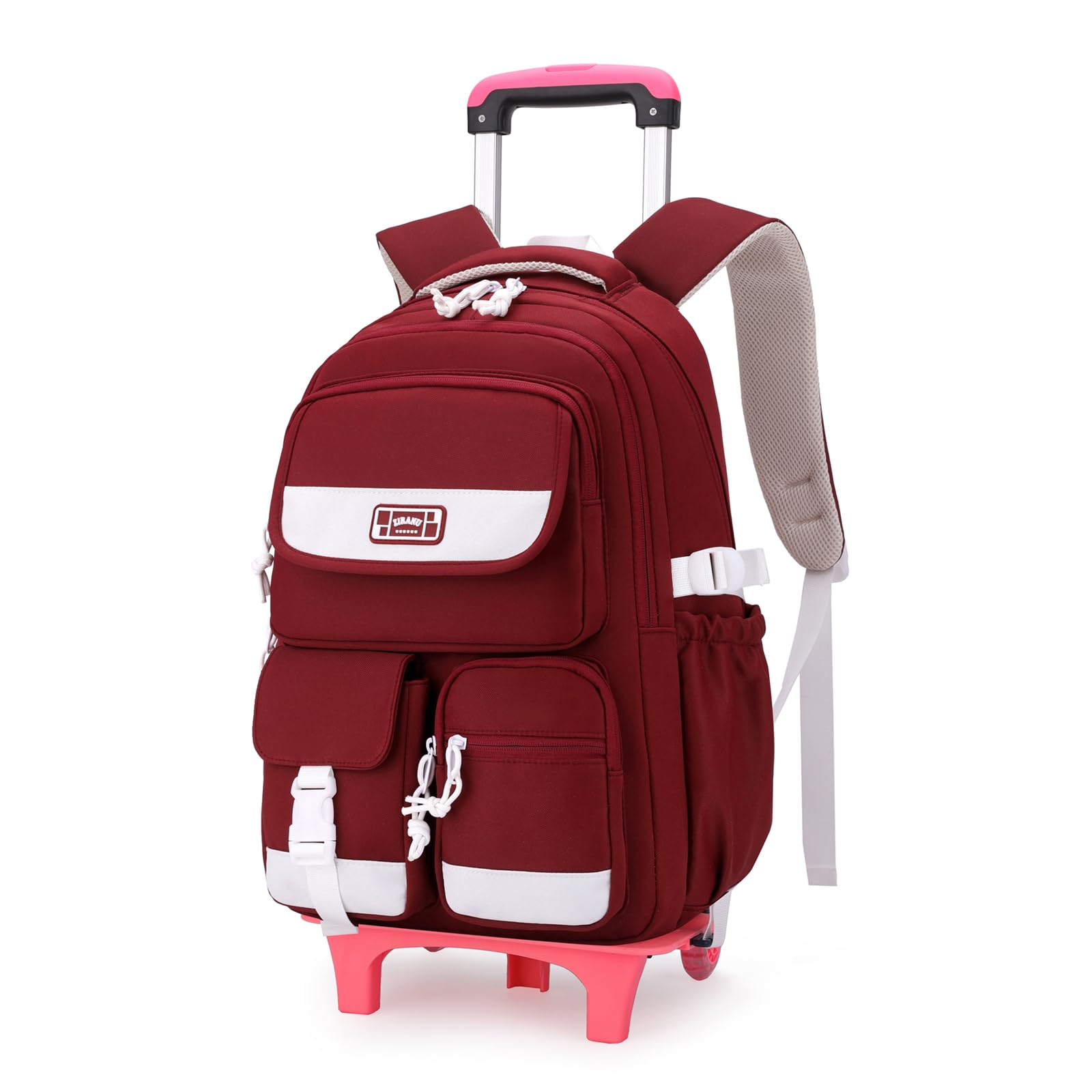 Solid Color Rolling Backpack for Girls Boys Cute Elementary school bag with wheels,Red Trolley Bags for Travel