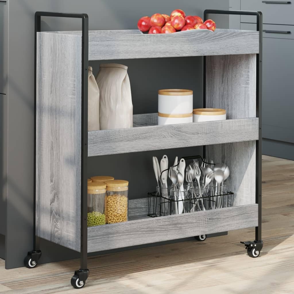 Mangloder - Carro de cocina gris Sonoma 70 x 30 x 82 cm, de material de madera, con 4 ruedas, 2 frenos, carrito con ruedas como carrito auxiliar, estante con ruedas y almacenamiento para cocina, baño