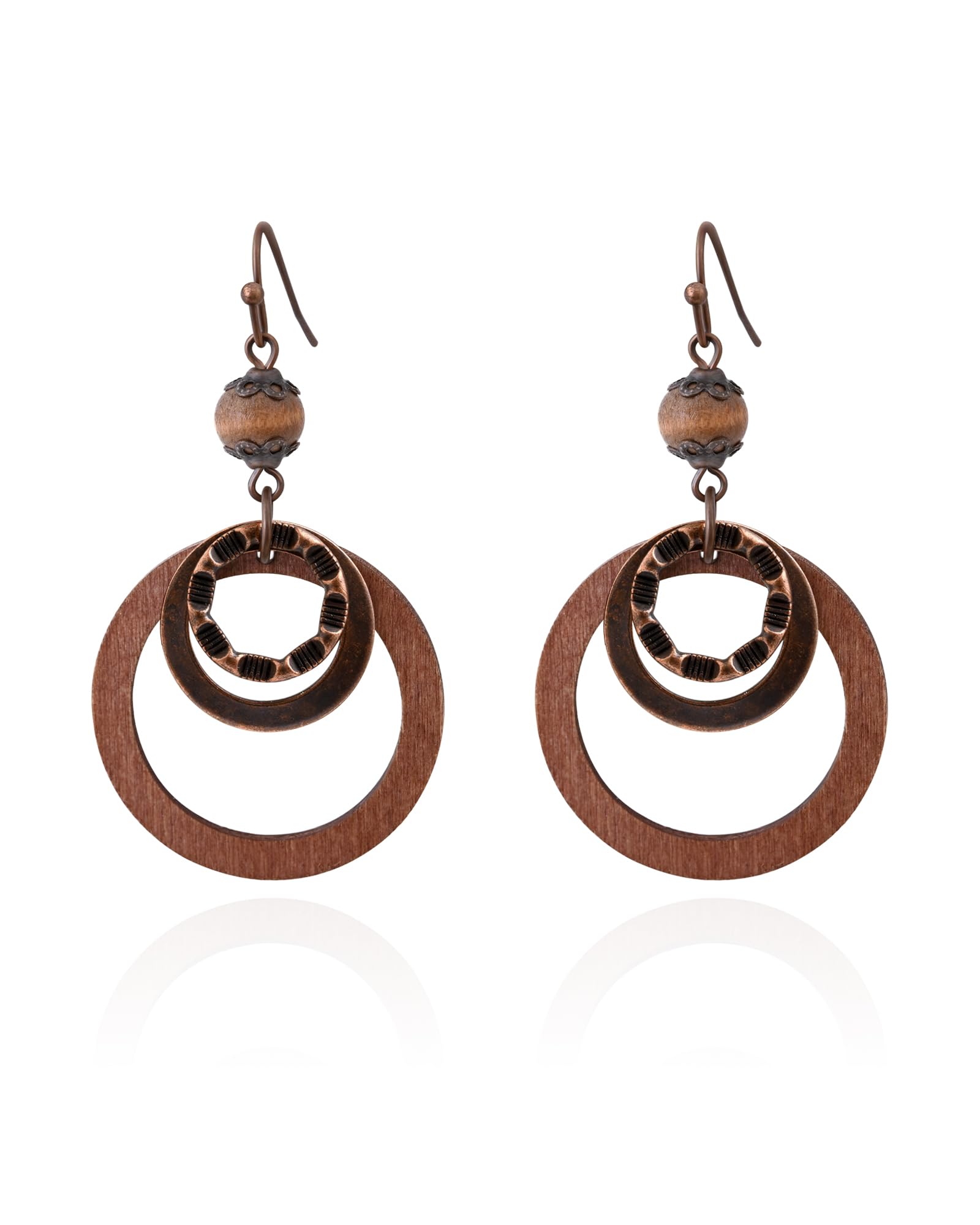 Boho Wooden Earrings for Women with Copper and Wood Circle dangle Lightweight Geometric Brown Earrings for Western Bohemian Jewelry