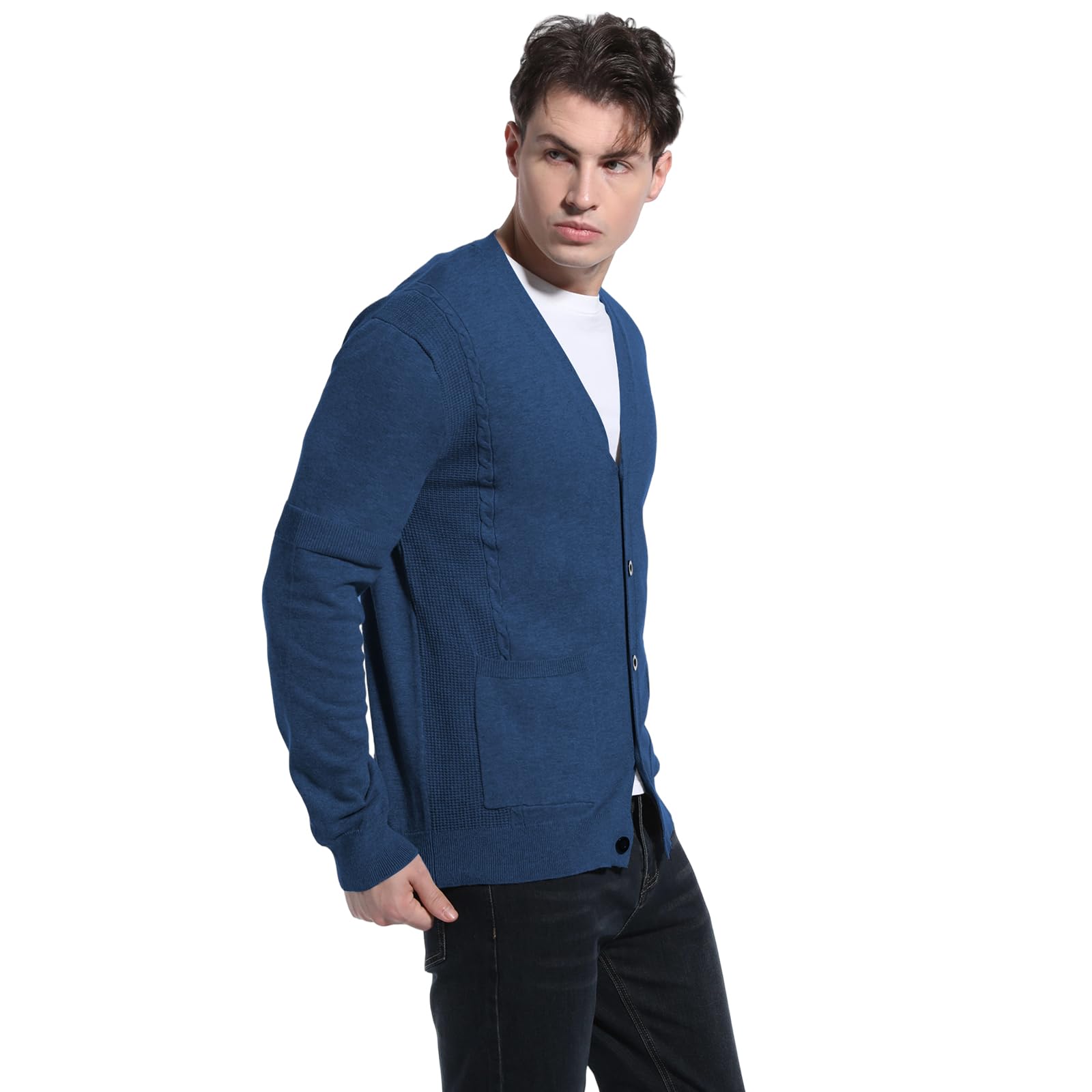 Suéter de Punto para Hombre Cuello V Chaqueta Casual Cierre de Botones Bolsillos Primavera Otoño