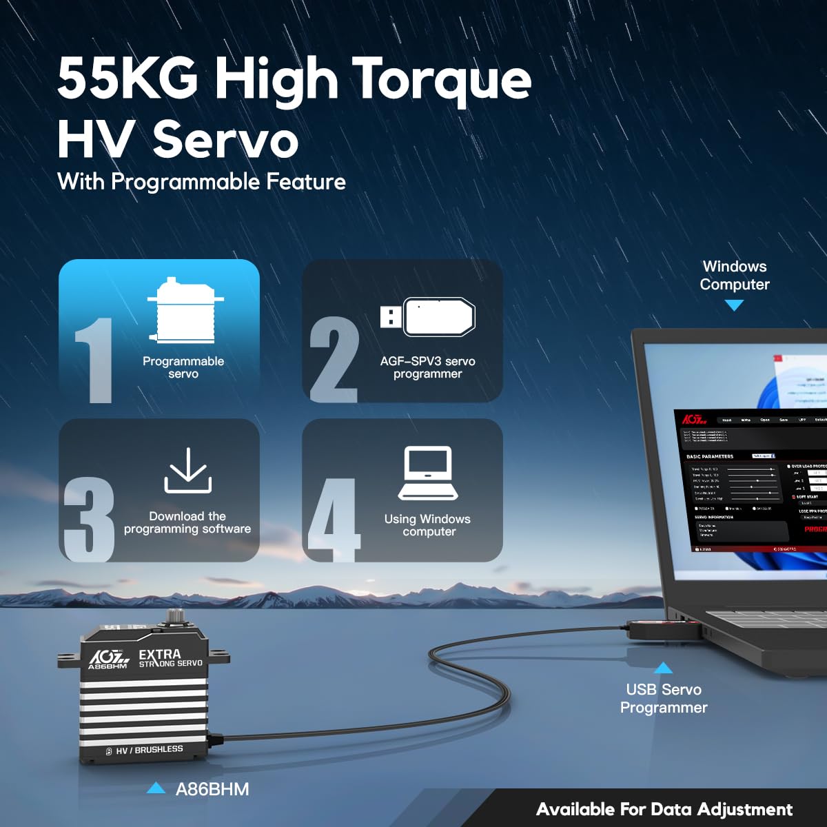 AGFRC 55KG Digital-Sterzo-Servo ad alta coppia programmabile - Full Metal Gear Brushless Servo per 1/8 1/10 modelli RC, angolo di controllo 180 ° (A86BHM)