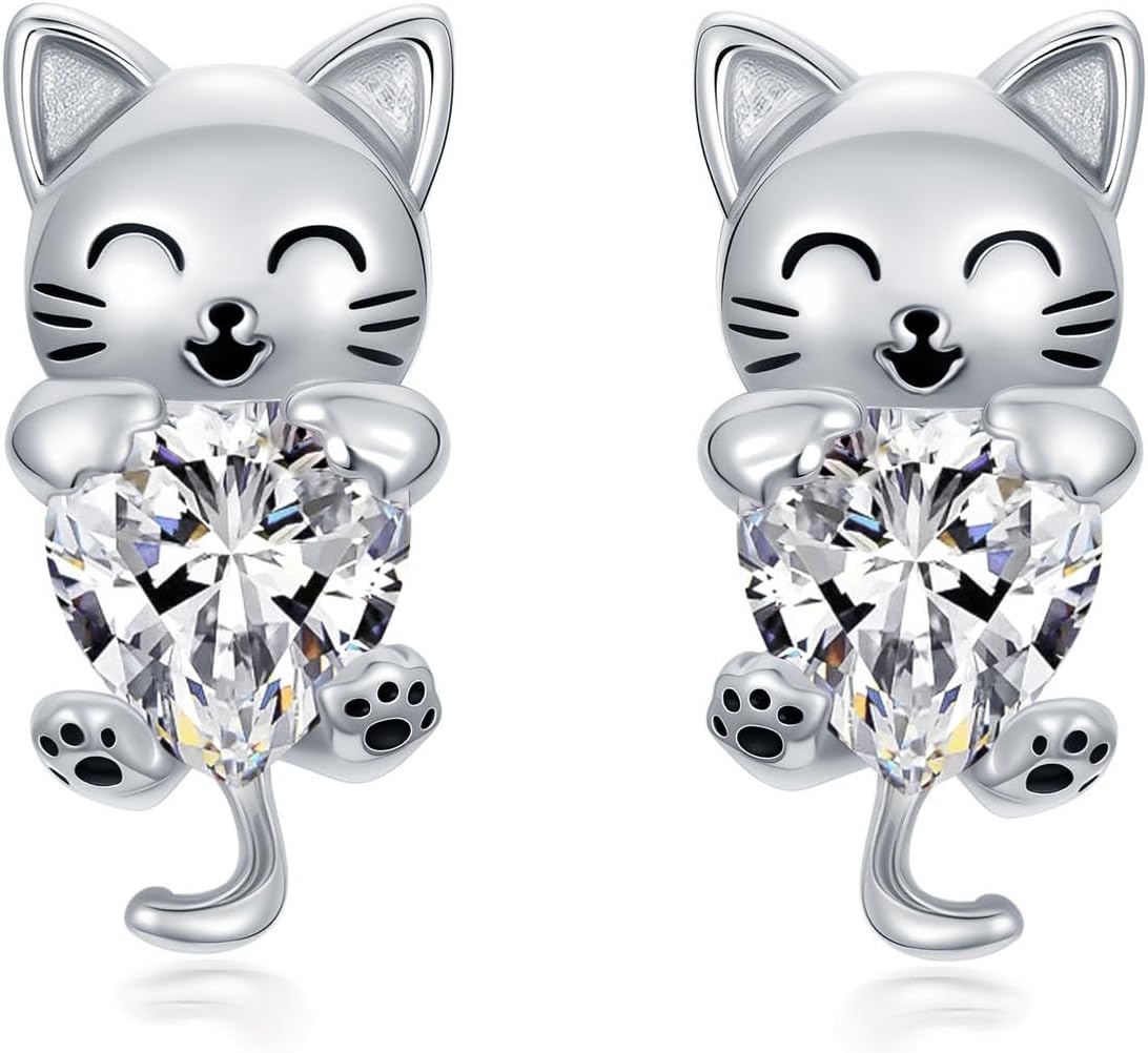 LONAGO Cat Stud Earrings with Synthetic Birthstone Cat Earring Jewelry Gift for Women