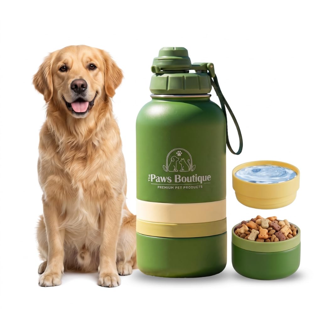Botella de Agua para Perros 3 en 1: Bebedero Portátil de Acero Inoxidable 950ml, Compartimento para Comida y Cuenco Extra Desmontable – Antifugas, Libre de BPA – Ideal para Viajes y Paseos