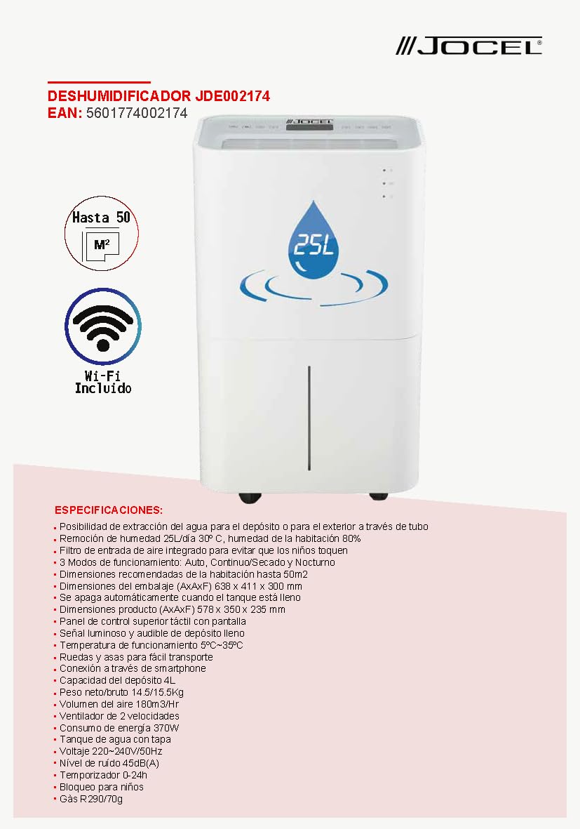 Deshumificador Jocel JDE002174, Remoción de humedad 25L/día 30º C, humedad de la habitación 80%, Color Blanco