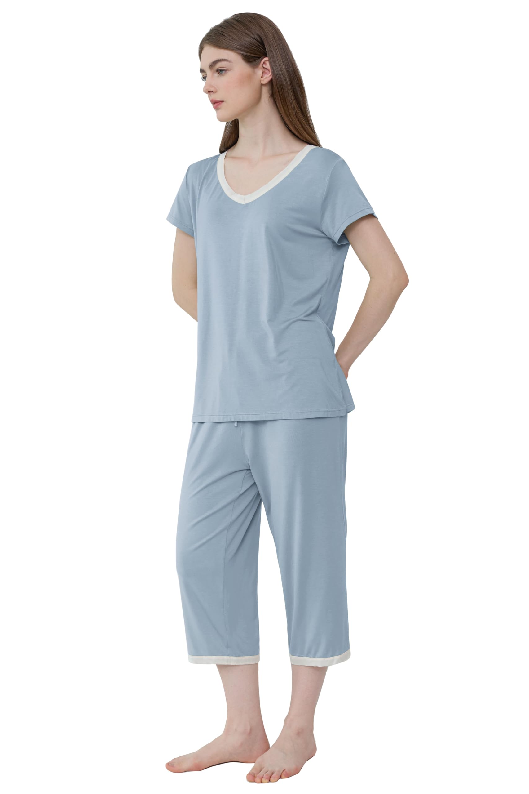 Joyaria Capri Schlafanzug Damen Sommer Kurzarm Viskose aus Bambus Pyjama