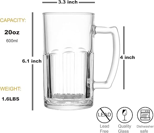 Miniatura 2 de COKTIK Paquete de 8 vasos de cerveza grandes pesados con asa, jarras de vidrio de 20 onzas, juego de vasos de cerveza clásicos