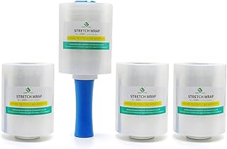 4 Pack Mini Clear Industrial Stretch Wrap Film 5" x 1000ft Roll with Handle, 80 Gauge Thick Cling Plastic Wrap for Moving, Pallet Wrap - Self Adhering Packaging Heavy Duty Shrink Film, BOMEI PACK