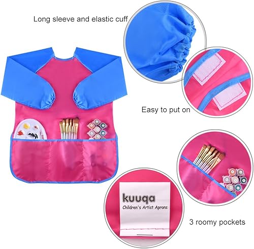 Miniatura 5 de Kuuqa 2piezas impermeable niños arte bata para niños Pintura delantales con 3bolsillos amplios, suministros de arte pintura (pinturas y pinceles no