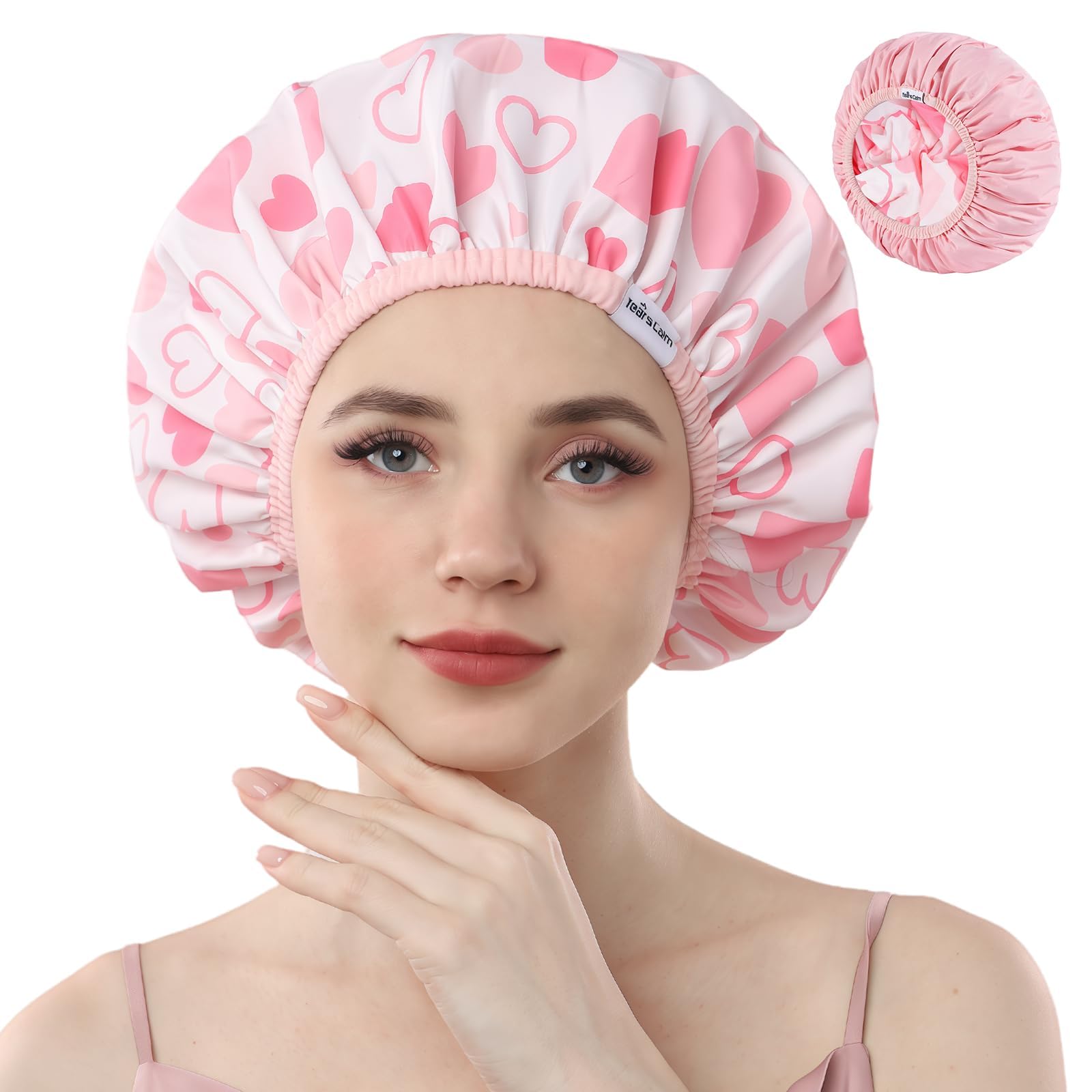 Years Calm Duschhauben für Frauen, wiederverwendbar, wasserdicht, Muster und einfarbig, zweilagiges Design für, schützt das Haar in der Dusche, Spa, Kochen, Reinigen und Reisen（Extra groß，Rosa.）