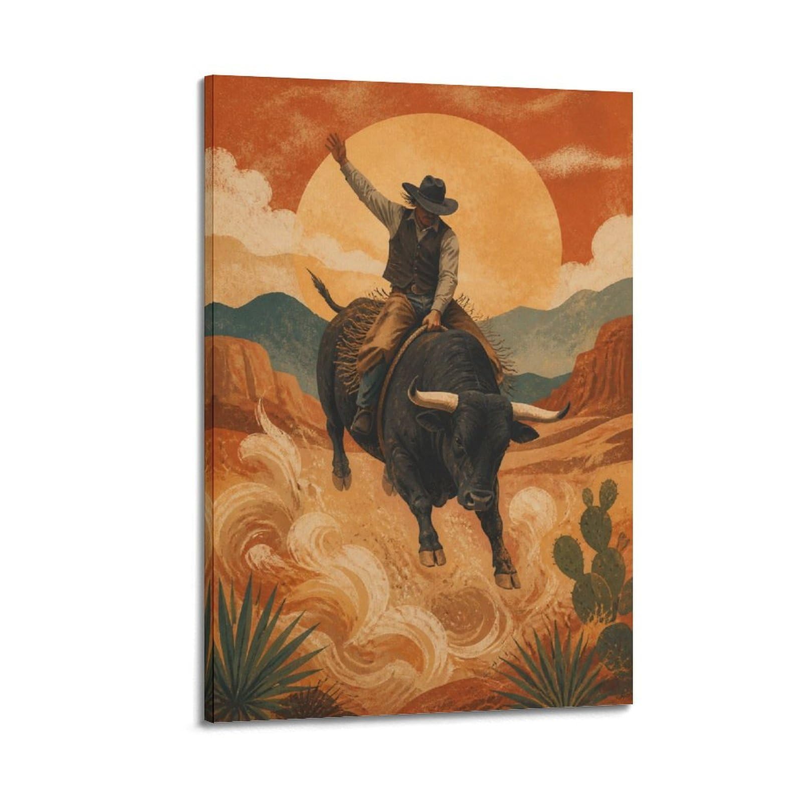 OKAHYS Warm Boho Rodeo Bull Riding Poster Western Sports Rustic Ranch Modern Decorative Canvas Prints - Ideal Wall Art for Family, Man Cave, Game Room, Boys & Girls Bedroom 20x30inch(50x75cm)