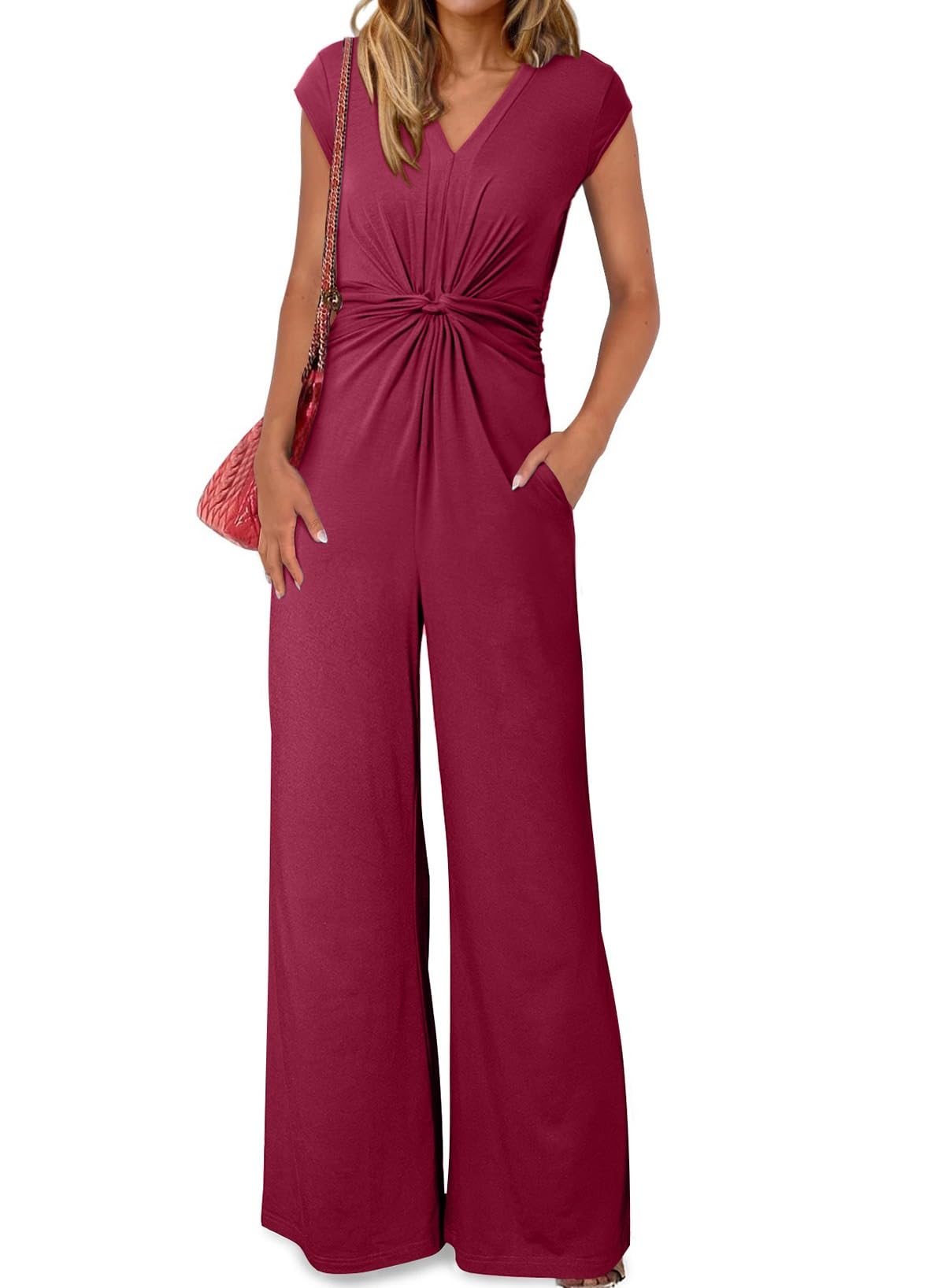 Happy Sailed Jumpsuits for Women Dressy Summer Short Sleeve V Neck Criss Cross Wide Leg Long Pants Romper Outfits