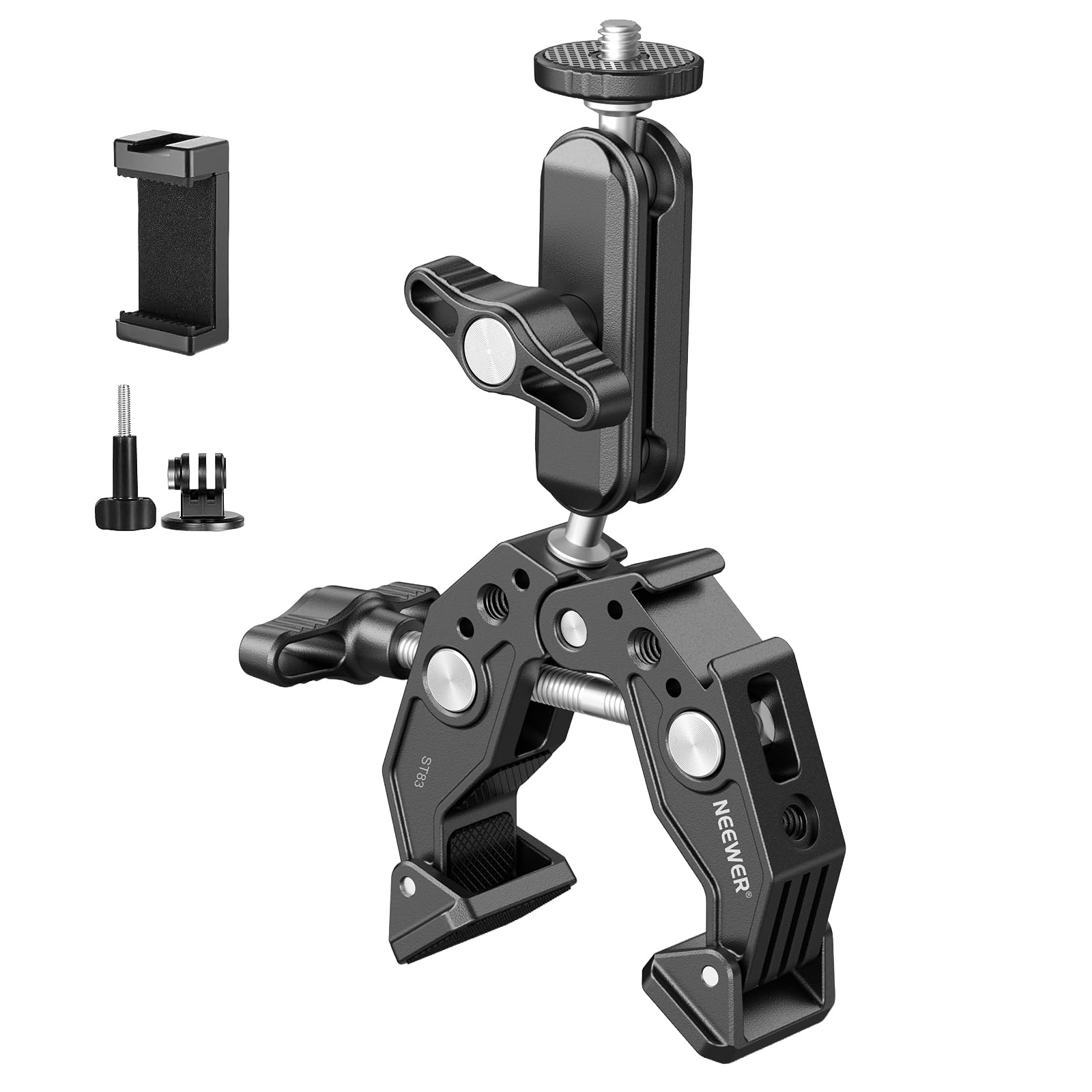 NEEWER Super Clamp with 3" Dual Ballhead Magic Arm, Cold Shoe, 1/4" Threads, Phone/Action…