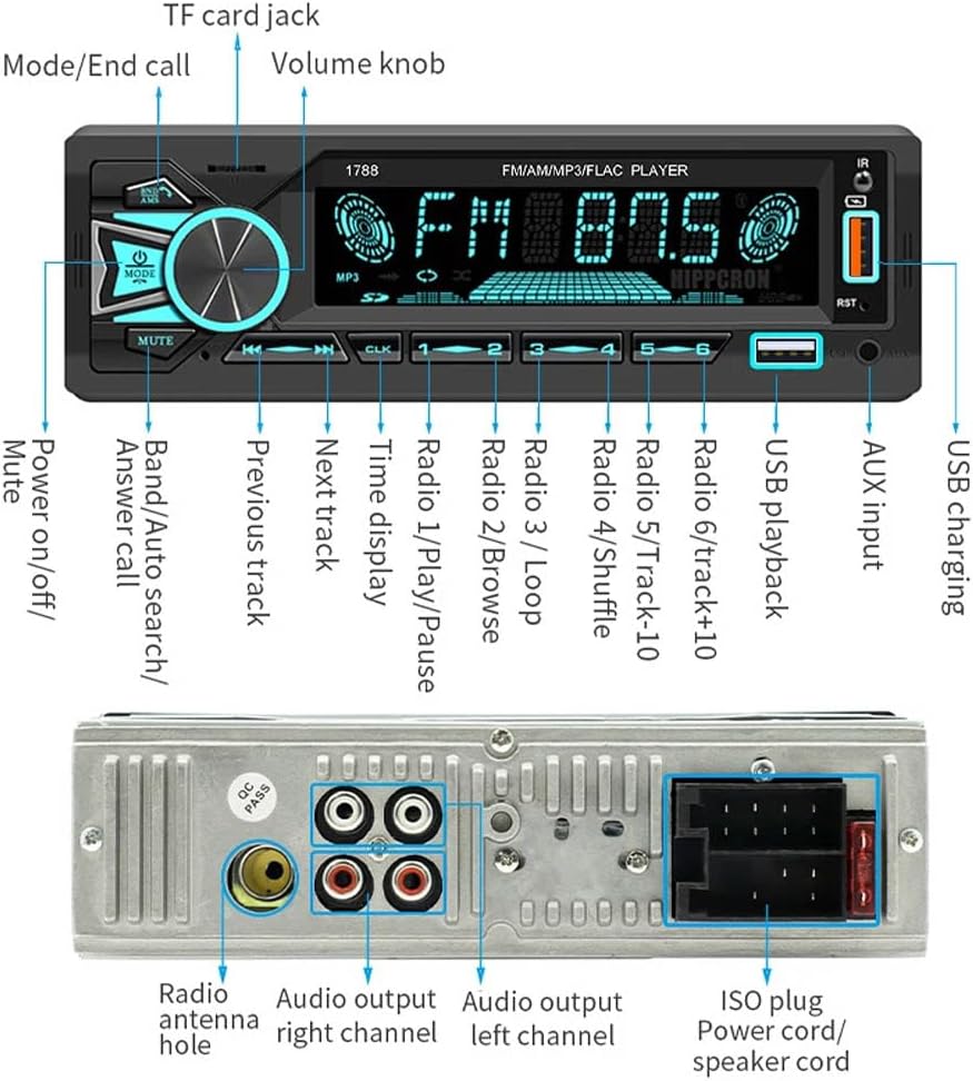 Car Stereo Receiver 1 Single DIN Audio Bluetooth MP3 Player – Handsfree Calling, FM Radio, AUX in, TF Card/USB Playback, Phone Charging, Time Display, Color Change LED