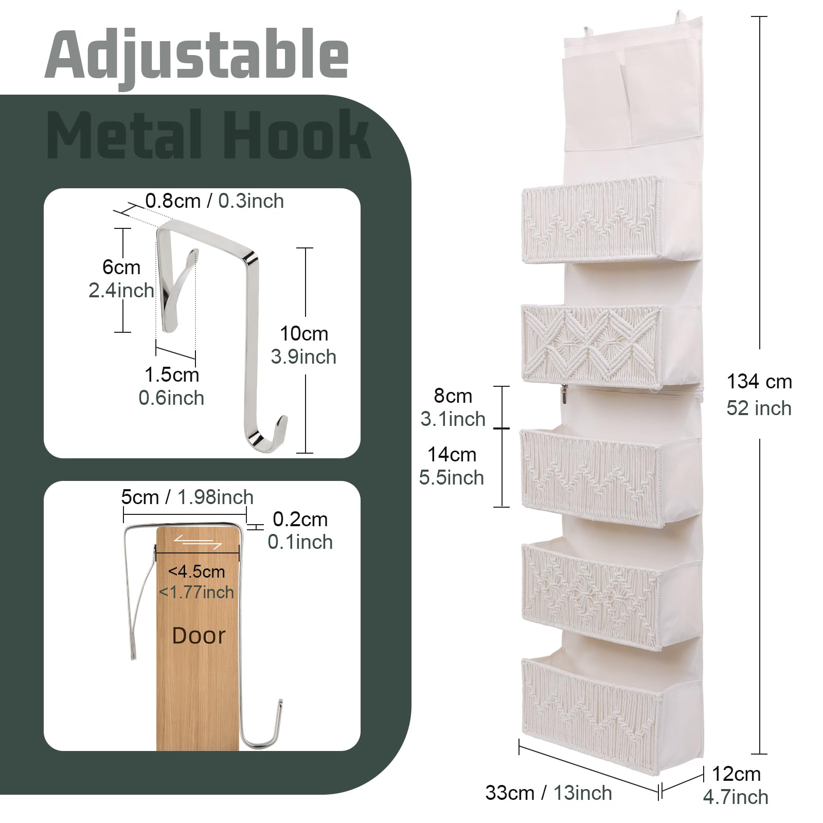 Dulamet Organizer da Appendere per porta con 5 tasche a rete per camera da letto, bagno, cameretta dei bambini (Grigio