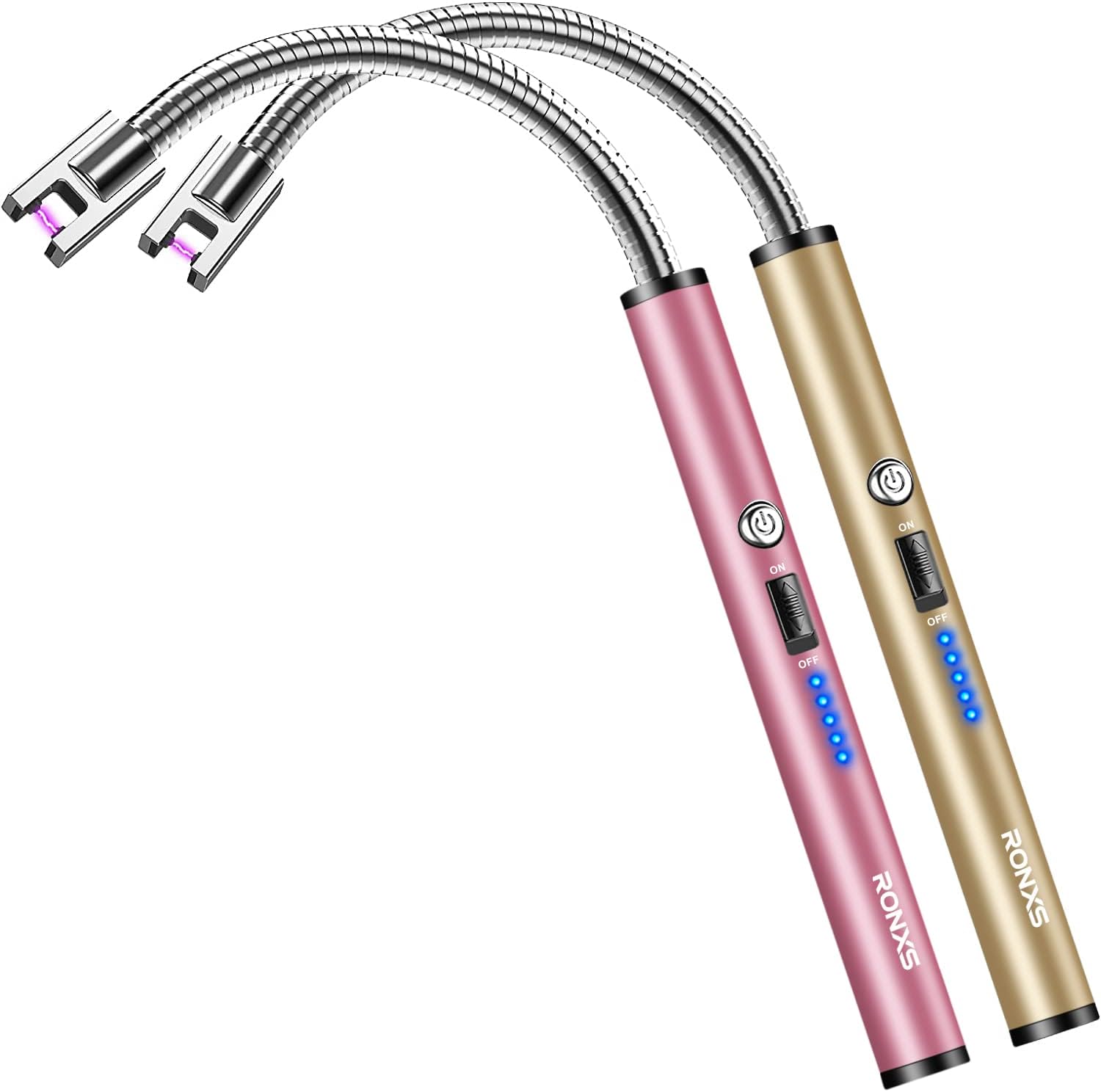 RONXS Lighter Electric Lighter Rechargeable Arc Type C Candle Lighters with LED Battery Display, Flexible Neck Windproof Flameless Plasma Long Lighters for Candle BBQ Camping (Pink&Gold)