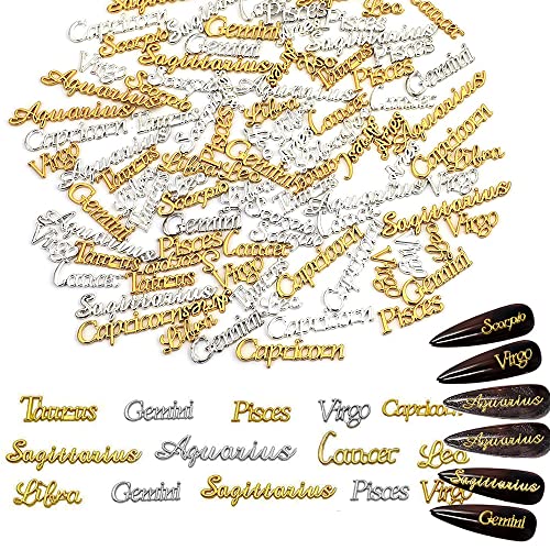 Colgantes de uñas con signo del zodiaco, 96 unidades, 12 estilos, 12 diseños de Constellations para decoración de uñas (oro, plata) Cover