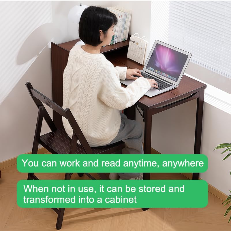 Image of Walnut Foldable Office Desk, Fold Out Convertible Hidden Computer Desk with Storage Shelves, Multi-Function Folding Murphy Writing Table for for Small Spaces, Home Office