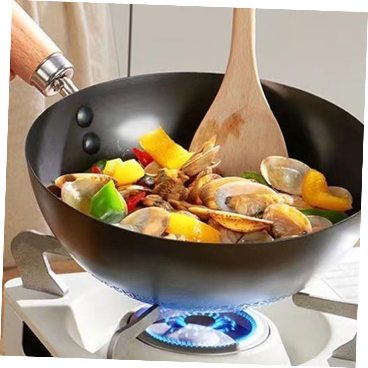 ABOOFAN Wok Mini in Ferro Nero per Piano a Induzione, Manico in Legno